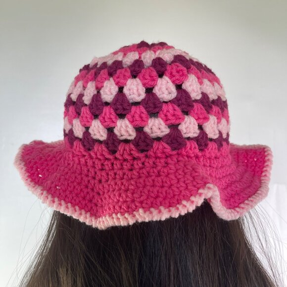 Crochet Bucket Hat Granny Square Pattern Pink and Burgundy Adult Size Handmade main image 5